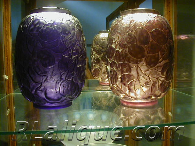 R Lalique Vase Monnaie Du Pape Mauve and Purple Pair R Lalique Vase Monnaie Du Pape Mauve and Purple Pair