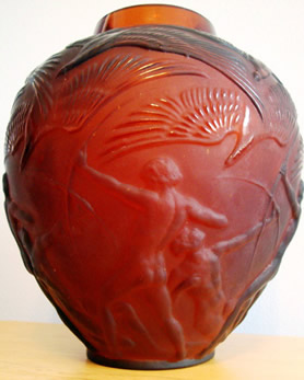 Archers Vase Fake Modern Copy In Amber Glass Of An Original Rene Lalique Design Archers Vase Fake Modern Copy In Amber Glass Of An Original Rene Lalique Design