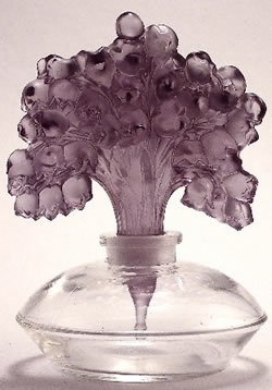 Irice Perfume Bottle Muguet With Amethyst Stopper - A Copy of the Rene Lalique Muguet Bottle Irice Perfume Bottle Muguet With Amethyst Stopper - A Copy of the Rene Lalique Muguet Bottle
