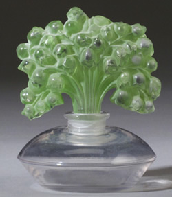 Irice Perfume Bottle Muguet With Green Stopper - A Copy of the Rene Lalique Perfume Bottle Muguet Irice Perfume Bottle Muguet With Green Stopper - A Copy of the Rene Lalique Perfume Bottle Muguet