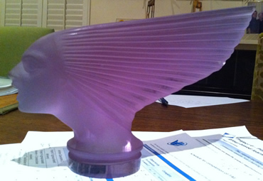 Victorie Amethyst Glass Car Mascot Copy of Rene Lalique Design Victorie Amethyst Glass Car Mascot Copy of Rene Lalique Design