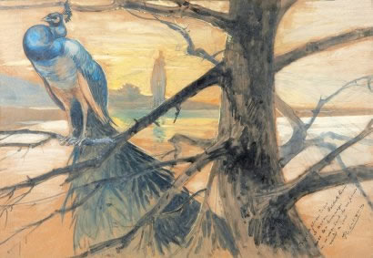 Rene Lalique Peacock Perched On A Tree Branch At Dusk Watercolor