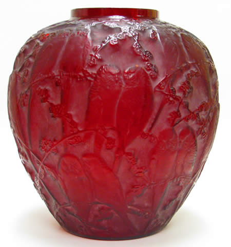 Rene Lalique Vase Perruches in Red Glass Rene Lalique Vase Perruches in Red Glass